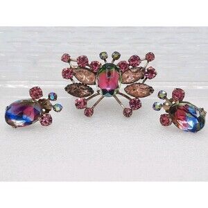 60s Cathe Watermelon Pink Aurora Borealis Rhinestone Butterfly Brooch Earrings